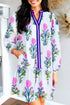 Contrast Striped Trim Notched Neck Long Sleeve Floral Dress