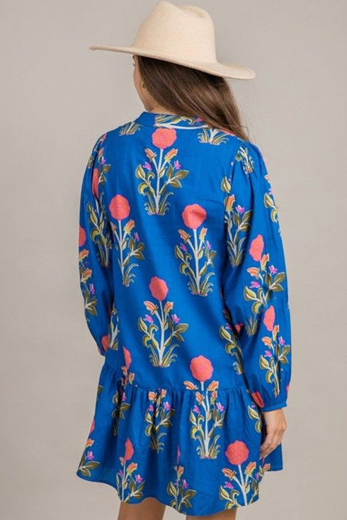 Contrast Striped Trim Notched Neck Long Sleeve Floral Dress