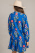 Contrast Striped Trim Notched Neck Long Sleeve Floral Dress