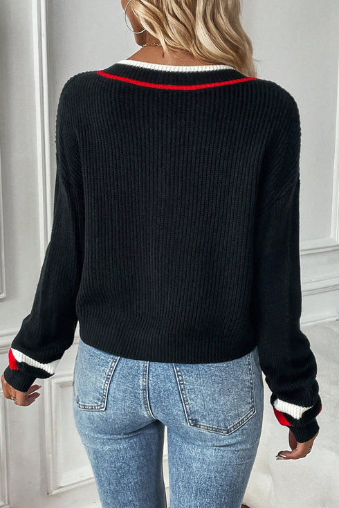 Contrast Striped Trim V Neck Drop Shoulder Sweater