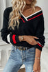 Contrast Striped Trim V Neck Drop Shoulder Sweater
