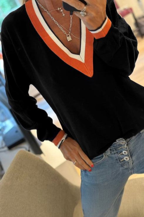 Contrast Striped Trim V Neck Varsity Sweater
