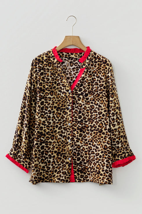 Contrast Trim Animal Print Button Up Woven Shirt