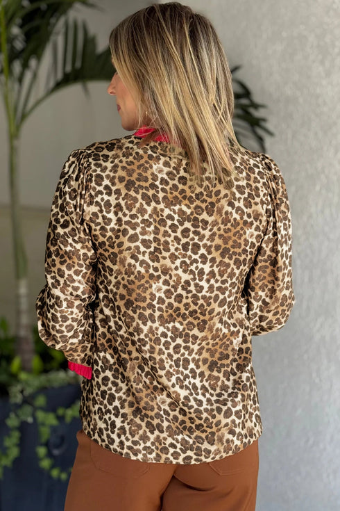 Contrast Trim Animal Print Button Up Woven Shirt
