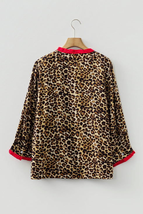 Contrast Trim Animal Print Button Up Woven Shirt