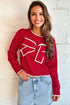 Contrast Trim Big Bow Front Crewneck Cropped Sweater