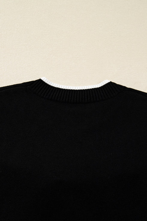 Contrast Trim Big Bow Front Crewneck Cropped Sweater