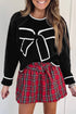 Contrast Trim Big Bow Front Crewneck Cropped Sweater
