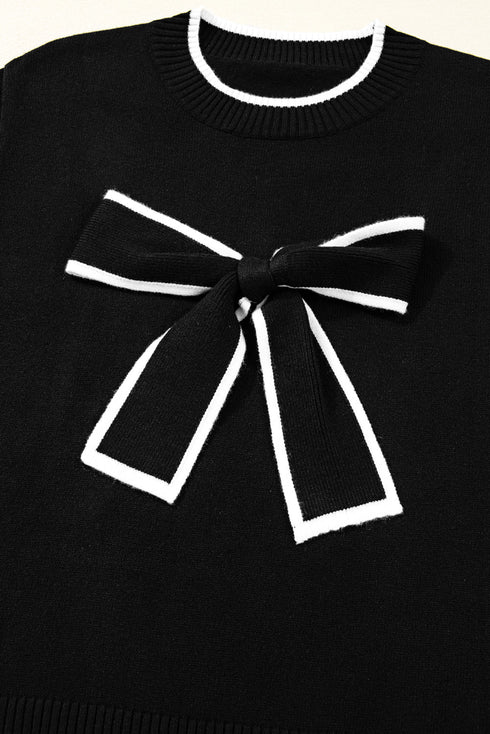 Contrast Trim Big Bow Front Crewneck Cropped Sweater