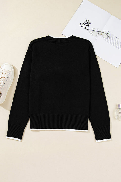 Contrast Trim Big Bow Front Crewneck Cropped Sweater