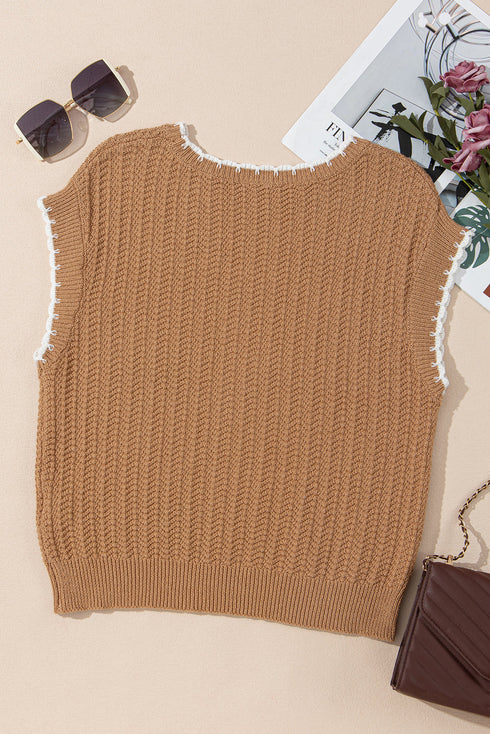 Contrast Trim Boxy Fit Knit Short Sleeve Sweater Top