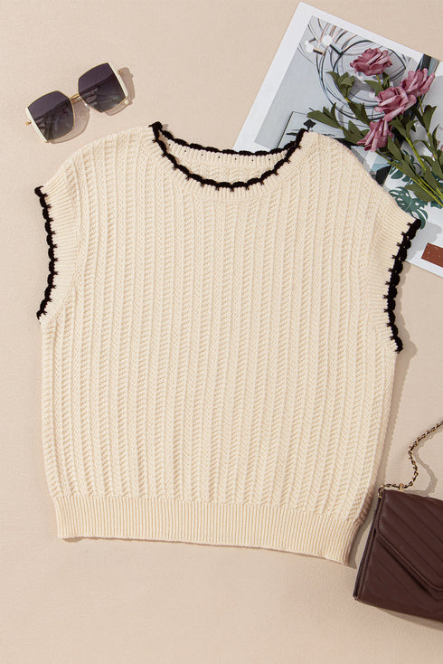 Contrast Trim Boxy Fit Knit Short Sleeve Sweater Top