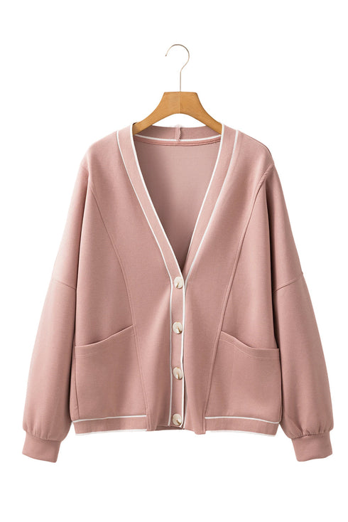 Contrast Trim Button Front Relaxed Fit Knit Cardigan