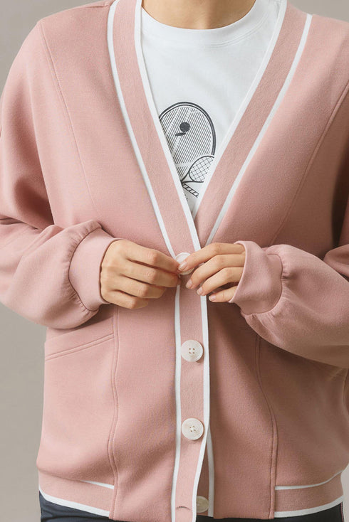 Contrast Trim Button Front Relaxed Fit Knit Cardigan