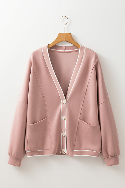 Contrast Trim Button Front Relaxed Fit Knit Cardigan