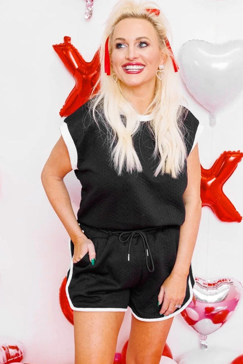 Contrast Trim Cable Textured Shorts Set