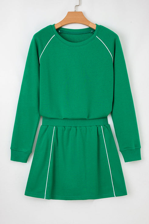 Contrast Trim Crewneck Pullover Mini Skirt Two Piece Dress