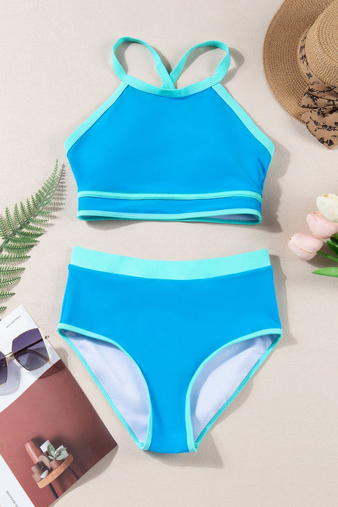 Contrast Trim Crisscross Back High Waisted Bikini