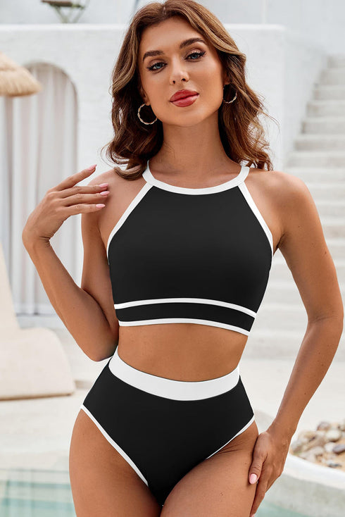 Contrast Trim Crisscross Back High Waisted Bikini