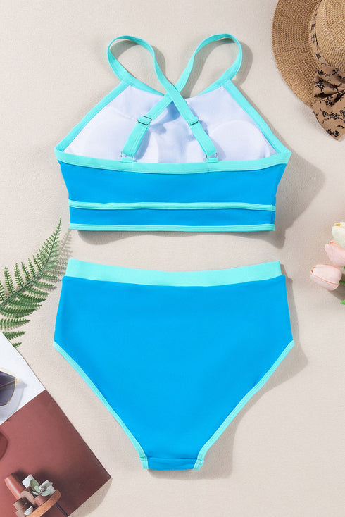 Contrast Trim Crisscross Back High Waisted Bikini