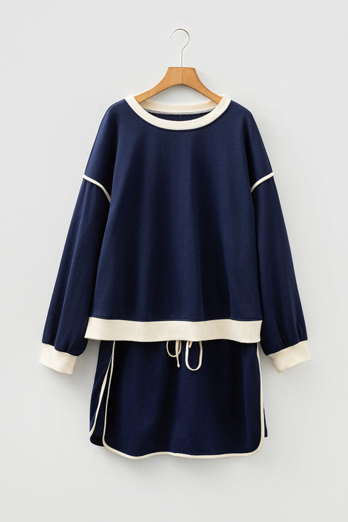 Contrast Trim Drop Shoulder Lace Up Skirt Loungewear Outfit