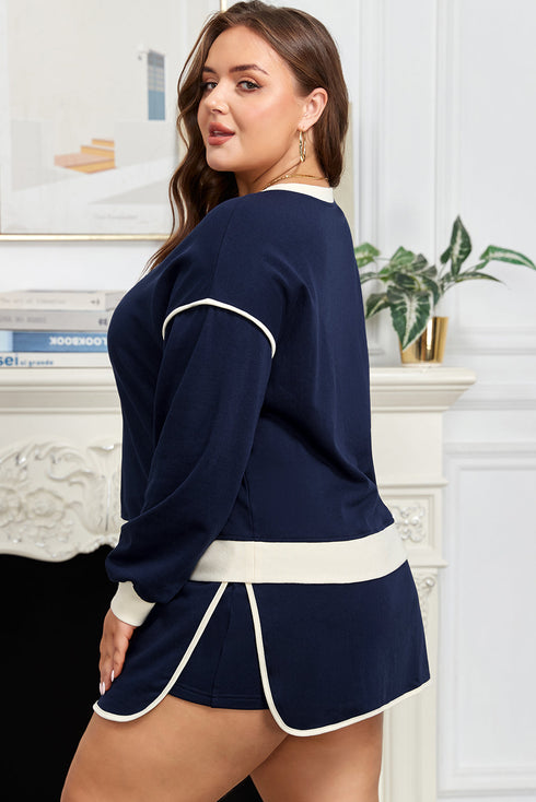 Contrast Trim Drop Shoulder Lace Up Skirt Loungewear Outfit