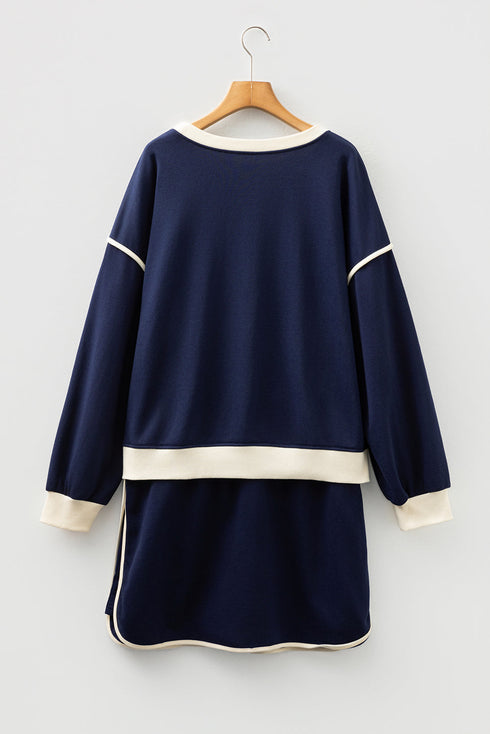 Contrast Trim Drop Shoulder Lace Up Skirt Loungewear Outfit