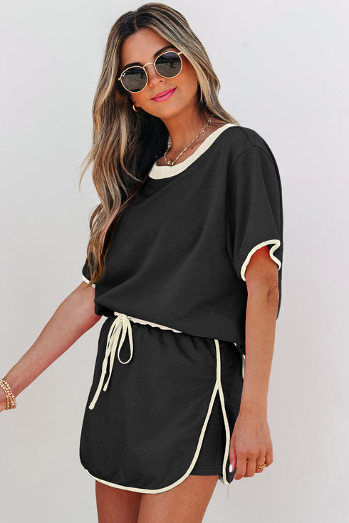 Contrast Trim Drop Shoulder Two Piece Skort Set