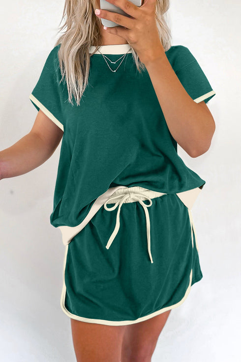 Contrast Trim Drop Shoulder Two Piece Skort Set