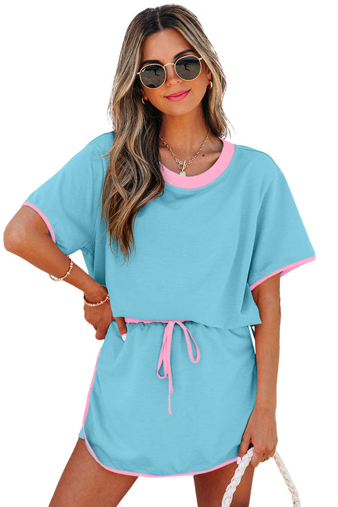 Contrast Trim Drop Shoulder Two Piece Skort Set