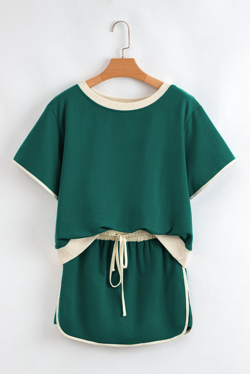 Contrast Trim Drop Shoulder Two Piece Skort Set