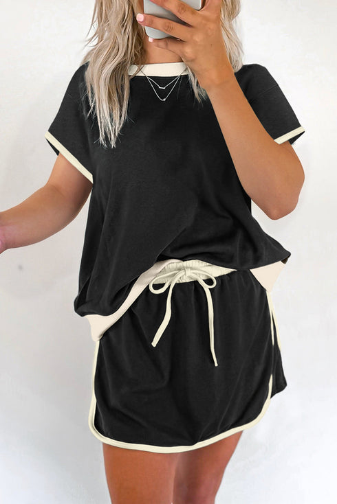 Contrast Trim Drop Shoulder Two Piece Skort Set