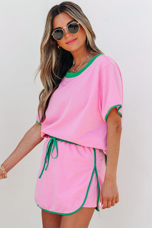 Contrast Trim Drop Shoulder Two Piece Skort Set