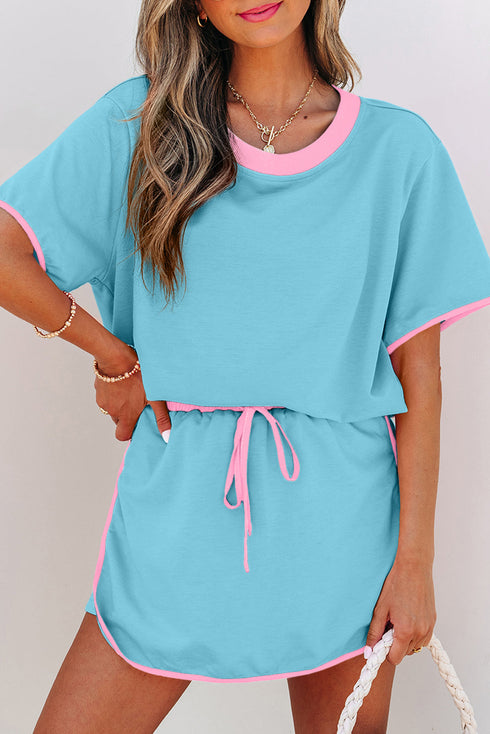 Contrast Trim Drop Shoulder Two Piece Skort Set
