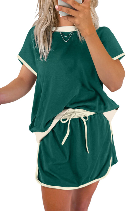 Contrast Trim Drop Shoulder Two Piece Skort Set