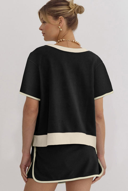 Contrast Trim Drop Shoulder Two Piece Skort Set