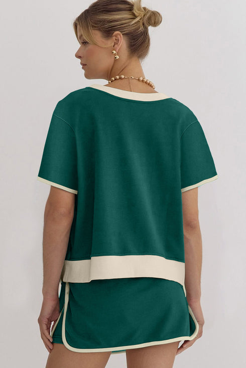 Contrast Trim Drop Shoulder Two Piece Skort Set
