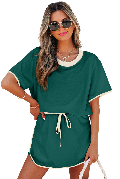 Contrast Trim Drop Shoulder Two Piece Skort Set