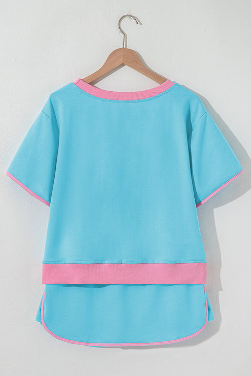 Contrast Trim Drop Shoulder Two Piece Skort Set