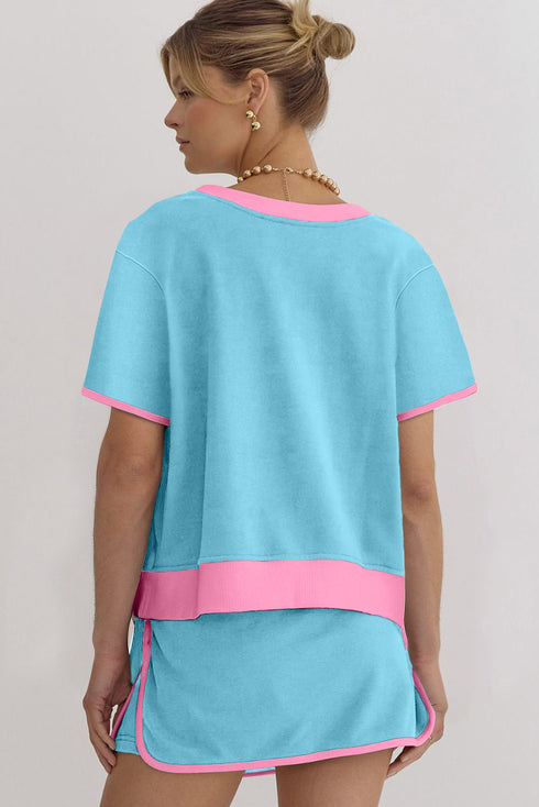 Contrast Trim Drop Shoulder Two Piece Skort Set