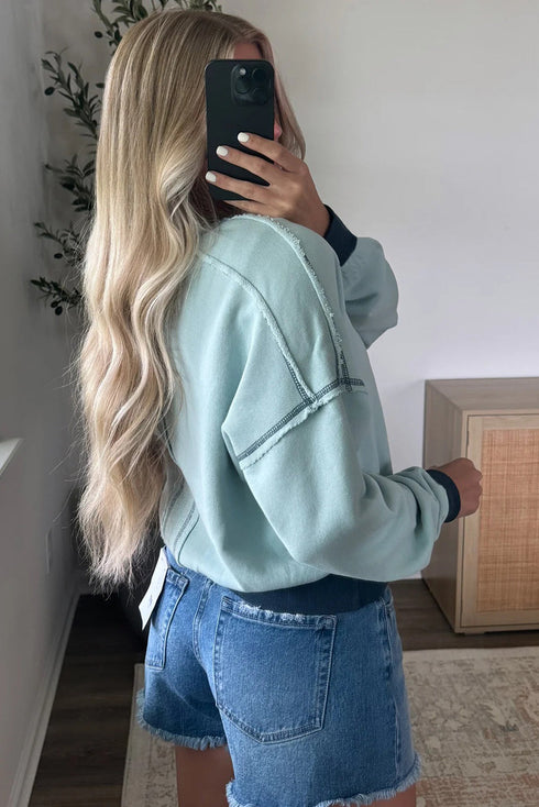 Contrast Trim Exposed Seam Drop Shoulder Crewneck Sweatshirt