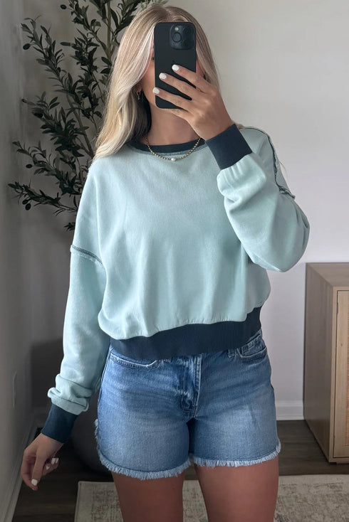 Contrast Trim Exposed Seam Drop Shoulder Crewneck Sweatshirt