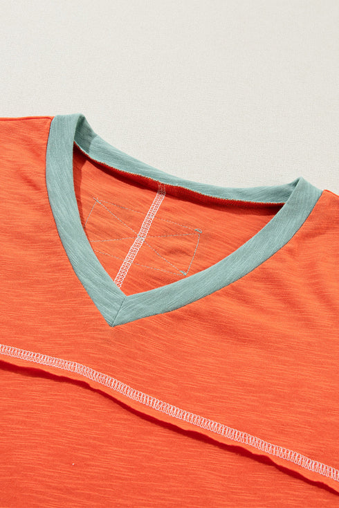 Contrast Trim Exposed Seam Short Sleeve V Neck Top