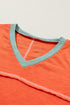 Contrast Trim Exposed Seam Short Sleeve V Neck Top