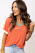 Contrast Trim Exposed Seam Short Sleeve V Neck Top