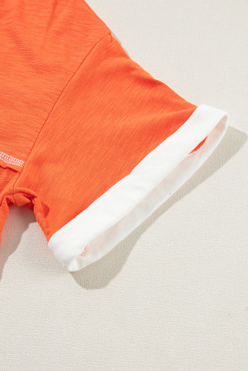 Contrast Trim Exposed Seam Short Sleeve V Neck Top