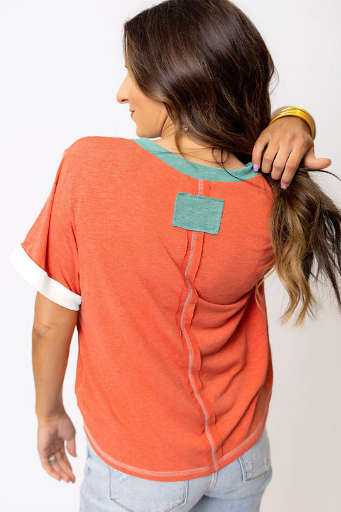 Contrast Trim Exposed Seam Short Sleeve V Neck Top
