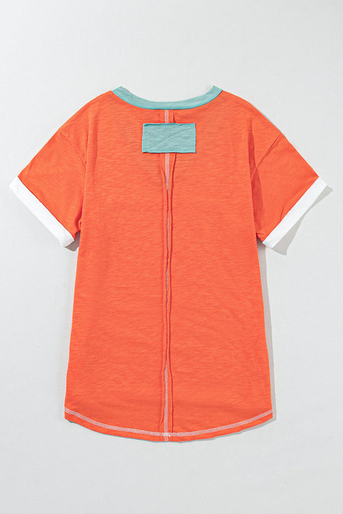 Contrast Trim Exposed Seam Short Sleeve V Neck Top