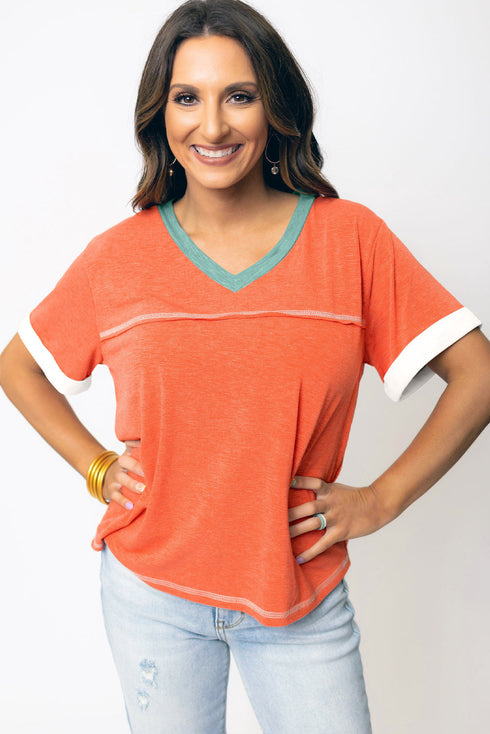 Contrast Trim Exposed Seam Short Sleeve V Neck Top