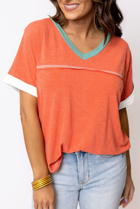 Contrast Trim Exposed Seam Short Sleeve V Neck Top